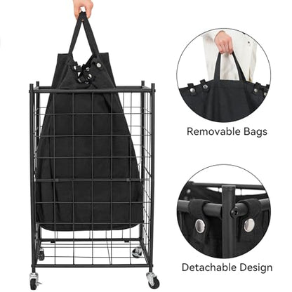 WOWLIVE Rolling Laundry Basket, Metal Wire Frame Laundry Hamper with Wheels - color: Black, size: 100l