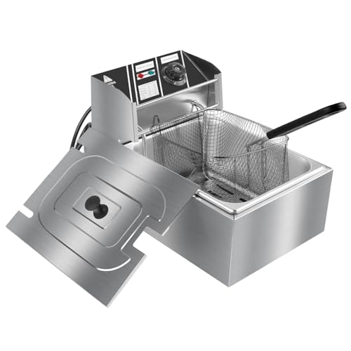 10QT Electric Deep Fryer 304 Stainless Steel Single Tank Commercial Fryer with Basket, Countertop Deep Fryer for Home and Restaurant Use with Lid & Temperature Control