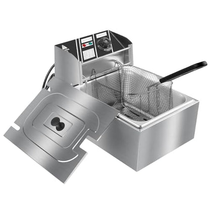 10QT Electric Deep Fryer 304 Stainless Steel Single Tank Commercial Fryer with Basket, Countertop Deep Fryer for Home and Restaurant Use with Lid & Temperature Control