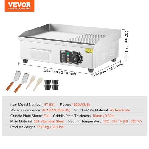 VEVOR Commercial Electric Griddle, Countertop 22" Half Flat Top Griddle - size: 21.4"
