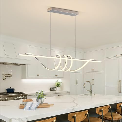 Modern LED Pendant Lights Kitchen Island,3000k-6000K Adjustable Color Dining Room Light Fixture,Dimmable with Remote Control Aluminum for Kitchen, Living, Dining,Bedroom(57in Chrome Silver - color: A-Chrome Silver, size: 57 inch