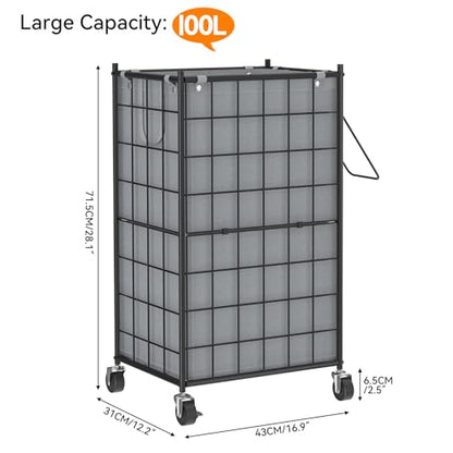 WOWLIVE Rolling Laundry Basket, Metal Wire Frame Laundry Hamper with Wheels - color: Grey, size: 100l