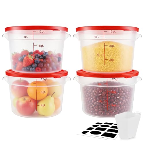 Round Food Storage Containers with Lids, 4 Sets, BPA-Free Plastic Canisters for Kitchen Pantry, Stackable Organization Bulk Dry Food Containers (Red, 12QT-4pack) - size: 12QT-4pack