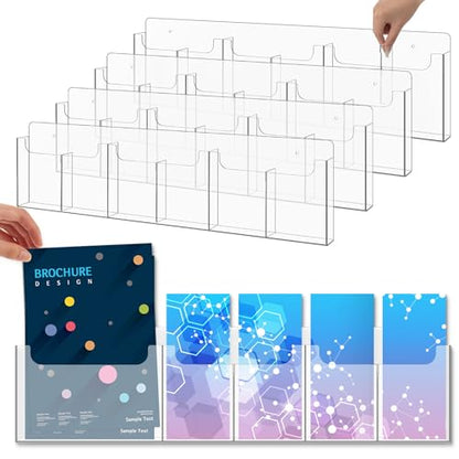 Sherr 4 Pcs Acrylic Brochure Holder Wall Mount with Removable Adjustable Dividers, 6/ 3 Pockets Large Capacity Literature Display Stand for 4''x 9'', 8.5''x11'' Pamphlets, 26.7''x7'' for Office Hotel - size: 26.7'' x 7''