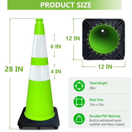 28 Inch Green Traffic Cones, 4 Pack Heavy Duty PVC Safety Cones - color: Green
