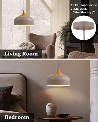 ELYONA 12" Japandi Pendant Light, Farmhouse Pendant Light Fixture with Faux Pine Wood Grain Metal Shade, Adjustable Hanging Light for Kitchen Island Dining Room Bedroom Sloped Ceiling, Caramel Brown - color: Caramel Brown