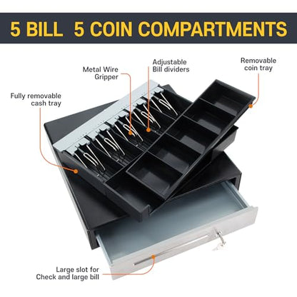 HK SYSTEMS BSM 16inch Cash Drawer for POS, No Logo, Black, DC 24V/Micro Switch, RJ12, 1slot, Removable and Adjustable cash tray 5-bill/5-coin Metal wire gripper, 6Keys #135, Stainless Steel front - size: 1. POS CASH DRAWER