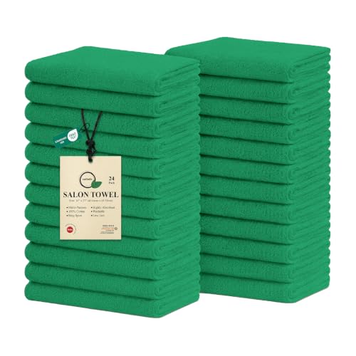Salon Towels – Pack of 24 (16"x27") 100% Cotton Ring Spun (Not Bleach Proof) Ultra Soft, Highly Absorbent Hand Towels – Bulk for Spa, Gym & Salon (Dark Green) - color: Dark Green