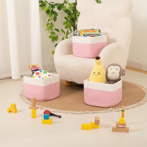 OIAHOMY 3 PACK Cube Storage Bins Storage Baskets Shelf Bins Pink&White - color: Pink&White