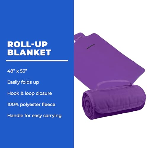 25 Ct of Roll-Up Blankets for Camping, Travel, Outdoors, Beach, Picnics – Purple – Hook + Loop Closure for Easy Use in Cars & on Airplanes – Customizable for Promotions & Events - color: Purple