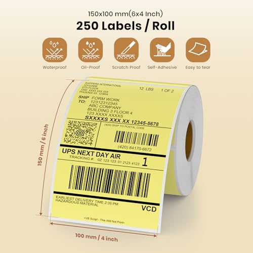Yellow Thermal Labels 4 × 6 Inch Waterproof Vinyl Stickers 250 PCS - color: Yellow