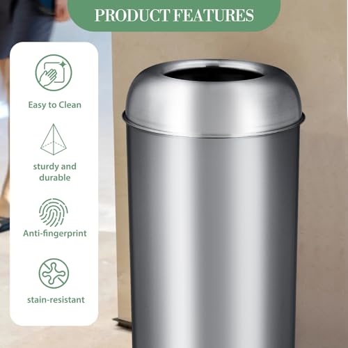 GarveeHome 65L/17 Gal Commercial Trash Can, Round Open Top Waste Bin, Outdoor Trash Bin with Lid, Large Stainless Steel Garbage Can for Office Bedroom Restaurant - style: Round Open