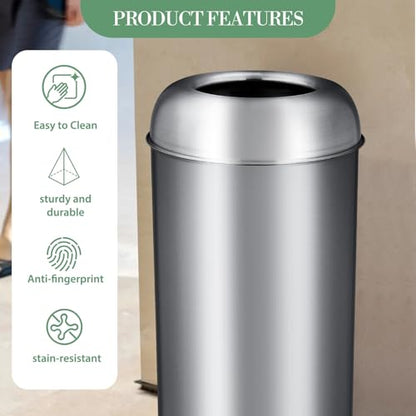 GarveeHome 65L/17 Gal Commercial Trash Can, Round Open Top Waste Bin, Outdoor Trash Bin with Lid, Large Stainless Steel Garbage Can for Office Bedroom Restaurant - style: Round Open