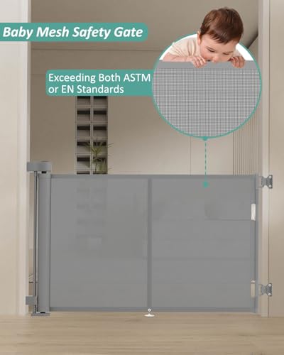 Miumoon 50 inch Reinforced Retractable Baby Gates 34 inch Tall - color: Gray, size: 34" Tall x 50" Wide