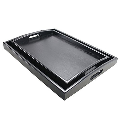 DILLMAN Serving Tray Large Black Wood Rectangle Food Tray Butler Tray Breakfast Tray with Handles (Large+Small) - size: 18" x 14" x 1.8"