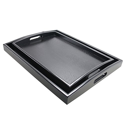 DILLMAN Serving Tray Large Black Wood Rectangle Food Tray Butler Tray Breakfast Tray with Handles (Large+Small) - size: 18" x 14" x 1.8"