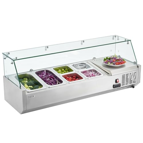 VEVOR Refrigerated Condiment Prep Station, 130W Countertop, Two 1/3 and Four 1/6 Pans, 304 Stainless Body, PC Lid, Sandwich Prep Table with Glass Guard, 3.79 Cu. Ft.