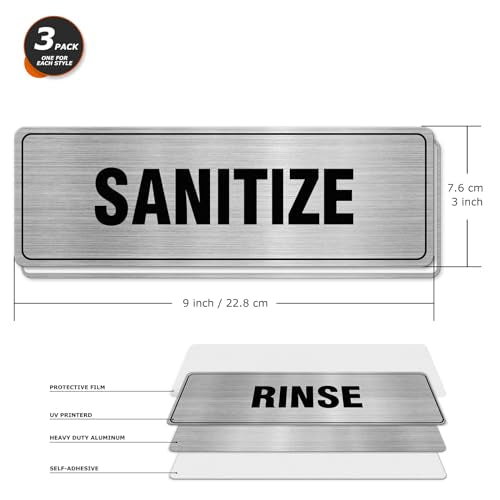EVQ Wash Rinse Sanitize Sink Sign Aluminum Metal Silver 9 x 3 Inch 3 Pack - color: WASH RINSE SANITIZE - 9"×3"