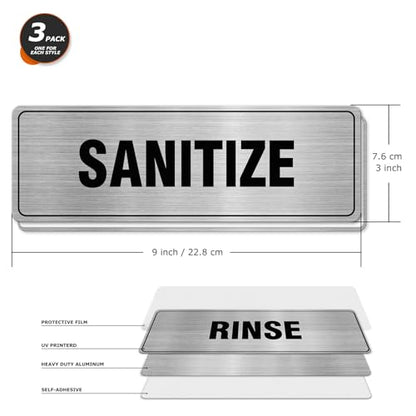 EVQ Wash Rinse Sanitize Sink Sign Aluminum Metal Silver 9 x 3 Inch 3 Pack - color: WASH RINSE SANITIZE - 9"×3"