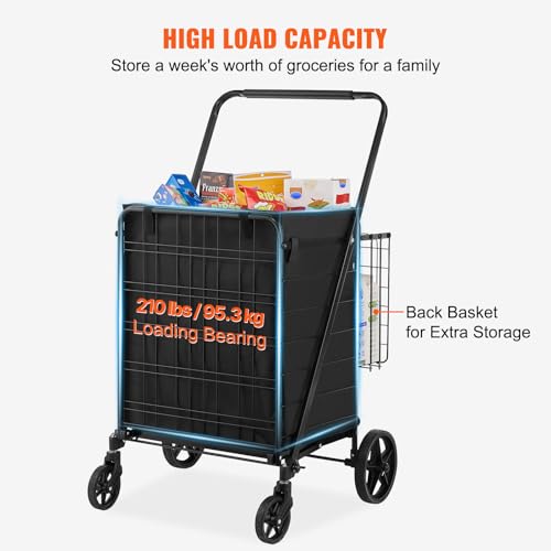 VEVOR Folding Shopping Cart with Removable Waterproof Liner, 330LBS Large Capacity Jumbo Grocery Cart with Dual Basket, 360° Swivel Wheels, Dense Metal Mesh Base, Heavy Duty Utility Cart for Shopping - size: Jumbo