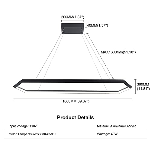 Black Dimmable LED Pendant Light Fixture, Adjustable Hanging Lamp