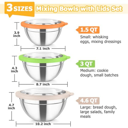TeamFar Mixing Bowls, 4.5/3/1.5 QT Stainless Steel Nesting Salad Bowls - color: Multicolor