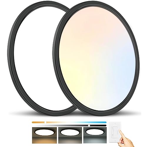 3200LM Flush Mount Ceiling Light Fixtures Black 12Inch, Dimmable LED Ceiling Lights for Bedroom, CCT Adjustable 3000K 4500K 6000K, Bright Low Profile Flat Ceiling Lights for Kitchen Bathroom, 2 Packs - color: Black, size: 2 Packs