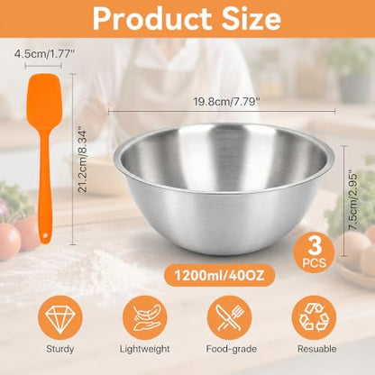3 Pcs Stainless Steel Mixing Bowls (7.1") with Silicone Spatula, Metal Bowl Set with Measurement Marks, Reusable & Stackable Baking Food Storage Containers for Kitchen Salad Making, Meal Prep