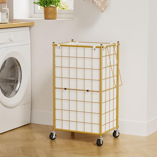 WOWLIVE Rolling Laundry Basket, Metal Wire Frame Laundry Hamper with Wheels - color: Golden, size: 100l