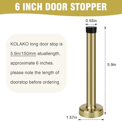 KOLAKO Door Stop, Long Door Stopper 6 Inch Wall Mounted Doorstop with Soft Rubber Bumper, Brushed Stainless Steel, Extra Long Door Stop for Bottom of Door (Gold)