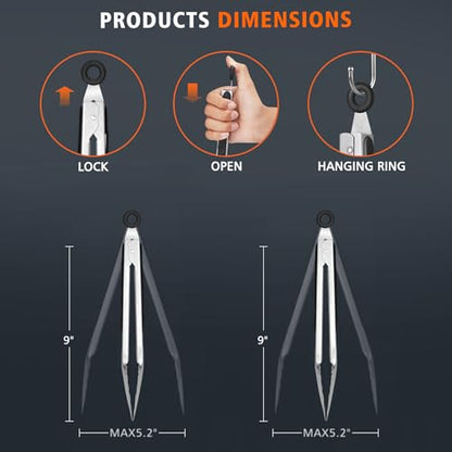 Hotec Tongs for Cooking Premium Stainless Steel Kitchen Tongs Set of 2-9" - size: 9 inch, 2pack