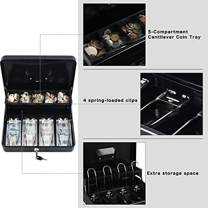 xydled Cash Box with Key Lock, Metal Money Box, Safe Storage box, Black - color: Black Key Lock
