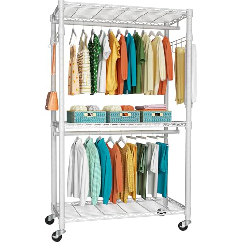 FUTASSI P1 Heavy Duty Garment Rack, 3 Tiers Adjustable Rolling Metal Closet - color: White, size: P1