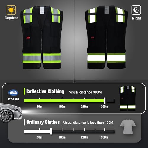 ProtectX High Visibility ANSI Class 2 Safety Vest with 7 Pockets - color: Black, size: Medium