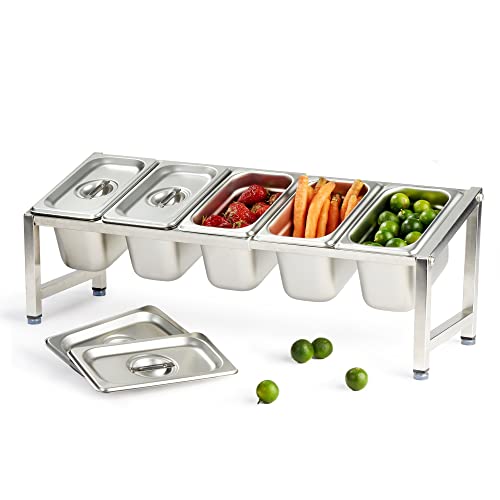 CURTA Expandable 18/8 Stainless Steel Spice Rack Set, NSF Certified, 1-Tier Inclined Organizer Shelf with 5 1/9 4“ Pan&Lid, 13.8" - 23.6" Adjustable, Countertop Holder for Seasoning Ingredients - size: 5 Pan Stainless Steel