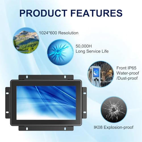IP65 Industrial Monitor 7 Inch Open Frame Touch Screen Monitor, 10-Point Capacitive Touch Display PCAP LCD Monitor, 1024x600 Metal Housing for HMI Control Panels - size: 7.0
