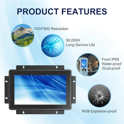 IP65 Industrial Monitor 7 Inch Open Frame Touch Screen Monitor, 10-Point Capacitive Touch Display PCAP LCD Monitor, 1024x600 Metal Housing for HMI Control Panels - size: 7.0