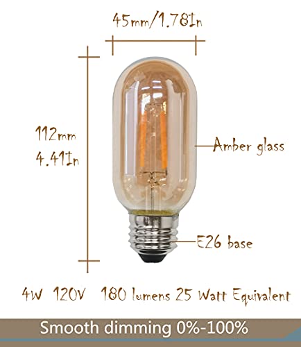 T45 E26 Amber Antique LED Edison Light Bulb,T14 LED Tubular Vintage Antique Dimmable led Bulb,4 Watt 120V 2200K Warm White 180 lumens 40 Watt Equivalent,4 Pack