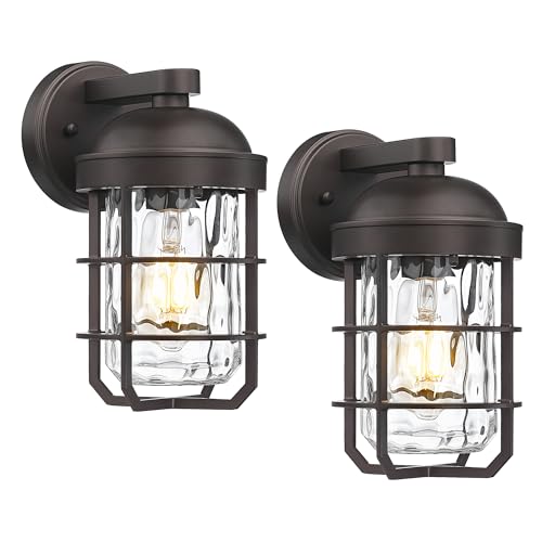 Emliviar Rustic Outdoor Wall Lanterns 2Pcs, Exterior Nautical Wall Sconce, Outside Wall Lamps with Water Ripple Glass in Oil Rubbed Bronze Finish, GE255BL-2PK ORB-WG - color: Oil Rubbed Bronze - Water Ripple Glass, size: 11.3 Inch