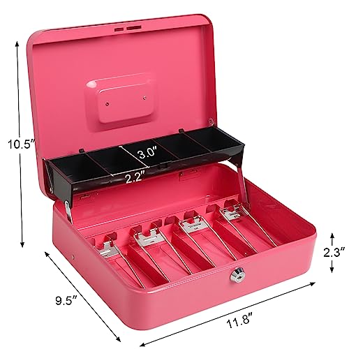 Cash Box with Money Tray and Key Lock, Parrency Large Money Box, 5 Compartments for Cions & 4 Spring-Loaded Clips for Bills, 11.8" x 9.5" x 3.5", K-Pink - color: K-Pink