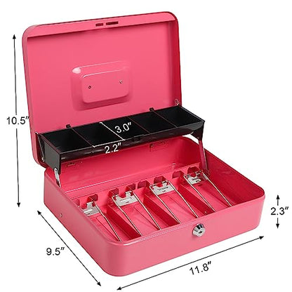 Cash Box with Money Tray and Key Lock, Parrency Large Money Box, 5 Compartments for Cions & 4 Spring-Loaded Clips for Bills, 11.8" x 9.5" x 3.5", K-Pink - color: K-Pink