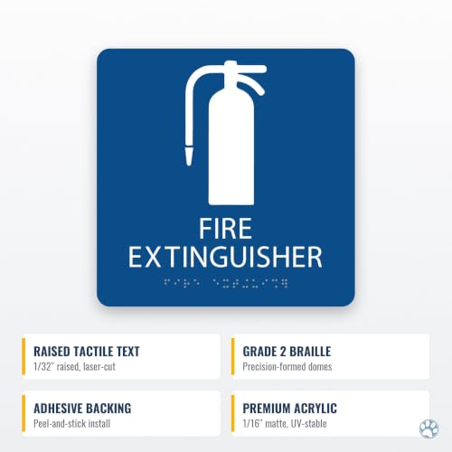 Alpha Dog Fire Extinguisher Sign, 8x8 ADA Braille Sign, Blue - color: Blue, size: Fire Extinguisher