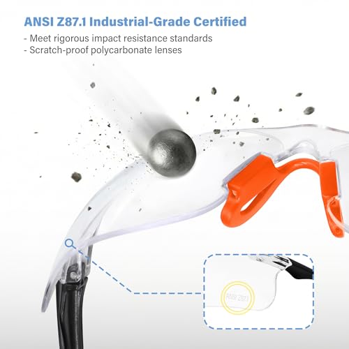 Clear Safety Glasses 6PK, Protective Eyewear UV Protection ANSI Z87.1 Crystal Clear Safety Goggles Scratch Impact Resistant Eye Protection with Soft Nose Pieces, Clear Lens Orange Temples - color: Clear Lens Orange Temples