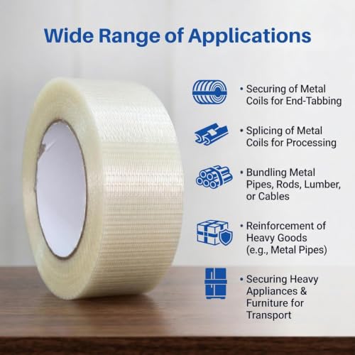 Filament Tape Bi-Directional Cross Weave, Fiberglass Reinforced Strapping Tape, Heavy Duty Industrial Packing & Palletizing, Strong Adhesive Shipping Tape 2" x 60 Yards - 3 Rolls