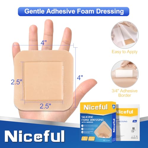 Niceful Silicone Foam Dressing 4"x4", Waterproof Silicone Bandages with Border Adhesive, High Absorbency Bed Sore Bandages Wound Care Dressing (2.5"X2.5" Pad), 5 Packs, FSA HSA Eligible - size: 4x4 Inch (5 Pcs)