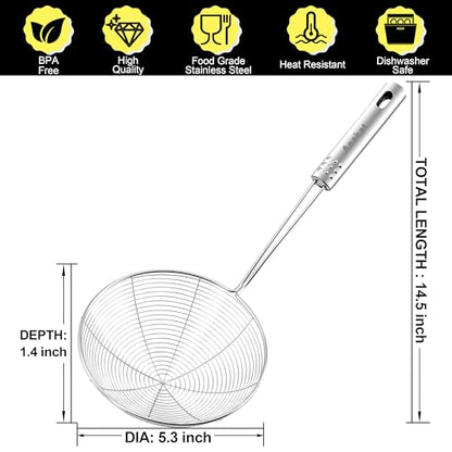Anaeat 5.3" Stainless Steel Spider Skimmer, Professional Kitchen Pasta Strainer Spoon with Long Handle - Asian Strainer Ladle Wire Skimmer Spoons for Cooking and Frying - color: 5.3" Spider Strainer Skimmer