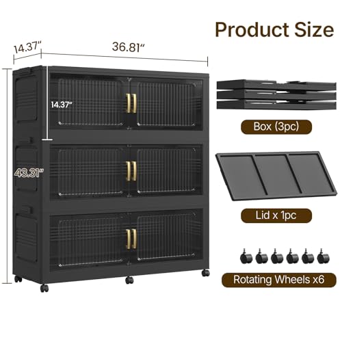 210Gal Extra Large Stackable Storage Bins with Lid, 840QT Foldable Collapsible Storage Box with Doors and Wheels, Plastic Closet Organizers Container Drawer for Bedroom Kitchen Garage, 3Pack - color: Black, size: 70Gal-3Pack