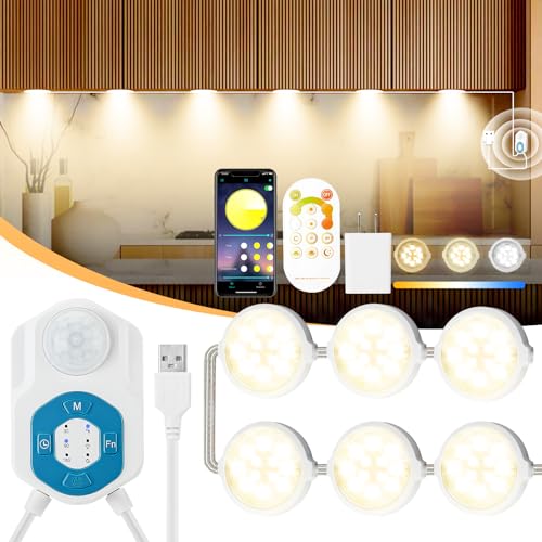 Under Cabinet Lights 12Ft,Motion Sensor LED Under Counter 6 Puck Lights with APP&Remote&Sensor/3 Work Modes/3 Colors/Timers/Motion Activated Allowed/Dimmable/Night Light for Cabinet,Home,Closet,Garage - size: Multimode-activated:6-Pucks