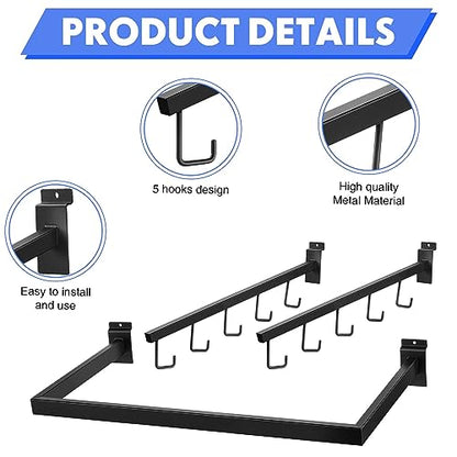 Soaoo 10 Pcs Metal Slatwall Hooks Accessories Slat Wall Hanging Include 2 Pack U Shaped Hang Rail 8 Pack 5 Hook Waterfall for Clothing Home Garage Shop Retail Display, Black