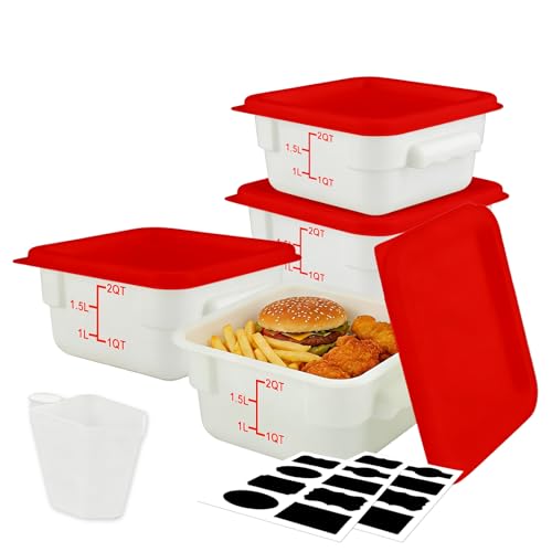 Square Food Containers with Lids 4-Pack, Commercial Grade Plastic Bins for Restaurant Kitchen Pantry Storage, Freezer & Dishwasher Safe (Red, 2QT-4PACK) - size: 2QT-4PACK